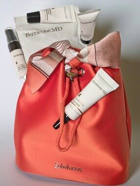 New Sulwhasoo orange drawstring pouch + Perricone MD travel set vit C eye lip
